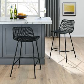 Set of 2, Natural Rattan Indoor Counter Chair , Black Finish Steel legs,Black (17.5"x20"x34")