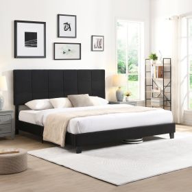 King Size Upholstered Platform Bed Frame with Linen Fabric Headboard, No Box Spring Needed, Wood Slat Support, Easy Assembly, BLACK