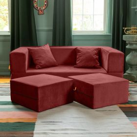 Jaxx Zipline Convertible Sleeper Loveseat & Ottomans, Textured Microvelvet - Berry Red