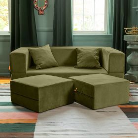 Jaxx Zipline Convertible Sleeper Loveseat & Ottomans, Textured Microvelvet - Moss