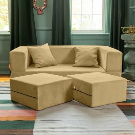 Jaxx Zipline Convertible Sleeper Loveseat & Ottomans, Textured Microvelvet - Camel