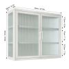 Retro Style Haze Double Glass Door Wall Cabinet With Detachable Shelves for Office, Dining Room,Living Room, Kitchen and Bathroom White Color