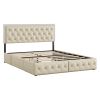 Queen Upholstered Bed Frame with 4 Storage Drawers, PU Leather Platform Bed with LED Headboard, No Box Spring Needed, Beige