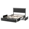 Queen Upholstered Bed Frame with 4 Storage Drawers, PU Leather Platform Bed with LED Headboard, No Box Spring Needed, Black