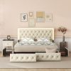 Queen Upholstered Bed Frame with 4 Storage Drawers, PU Leather Platform Bed with LED Headboard, No Box Spring Needed, Beige