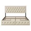 Queen Upholstered Bed Frame with 4 Storage Drawers, PU Leather Platform Bed with LED Headboard, No Box Spring Needed, Beige