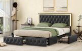 Queen Upholstered Bed Frame with 4 Storage Drawers, PU Leather Platform Bed with LED Headboard, No Box Spring Needed, Black