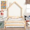 Twin Size Wood bed with House-shaped Headboard Floor bed with Fences,Natural