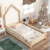 Twin Size Wood bed with House-shaped Headboard Floor bed with Fences,Natural