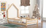 Twin Size Wood bed with House-shaped Headboard Floor bed with Fences,Natural