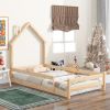 Twin Size Wood bed with House-shaped Headboard Floor bed with Fences,Natural