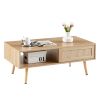 41.34" Rattan Coffee table; sliding door for storage; solid wood legs; Modern table for living room ; natural