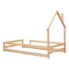 Twin Size Wood bed with House-shaped Headboard Floor bed with Fences,Natural