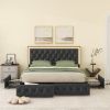 Queen Upholstered Bed Frame with 4 Storage Drawers, PU Leather Platform Bed with LED Headboard, No Box Spring Needed, Black