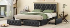 Queen Upholstered Bed Frame with 4 Storage Drawers, PU Leather Platform Bed with LED Headboard, No Box Spring Needed, Black