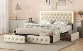 Queen Upholstered Bed Frame with 4 Storage Drawers, PU Leather Platform Bed with LED Headboard, No Box Spring Needed, Beige