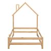 Twin Size Wood bed with House-shaped Headboard Floor bed with Fences,Natural