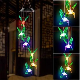 LED Colorful Solar Power Wind Chime Crystal Hummingbird Butterfly Waterproof Outdoor Windchime Solar Light for Garden outdoor (Emitting Color: 1)