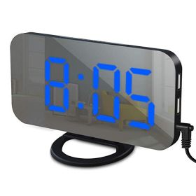 Digital LED Alarm Clock Mirror 2 USB Charger Ports Night Light LED Table Clock Snooze Function Adjustable Brightness Desk Clocks (Color: Black-Blue)
