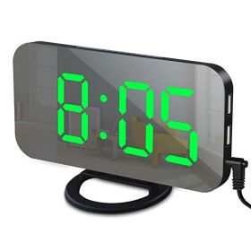 Digital LED Alarm Clock Mirror 2 USB Charger Ports Night Light LED Table Clock Snooze Function Adjustable Brightness Desk Clocks (Color: Black-Green)