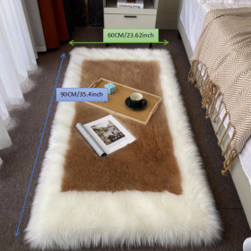 1pc, Soft and Fluffy Sheepskin Rug for Bedroom and Living Room - Non-Slip and Machine Washable Carpet for Dormitory and Room Decor (Color: White + Khaki)
