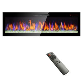 recessed ultra thin tempered glass front wall mounted electric fireplace with remote and multi color flame & emberbed, LED light heater (size: 36inch)