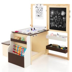 Kids Art Center Wooden Table Bench Set (Color: Brown)