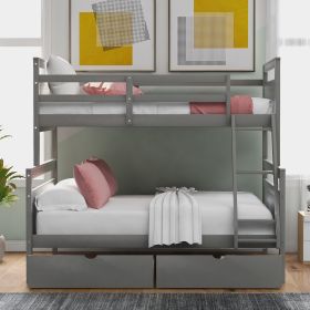 Twin over Full Bunk Bed with Ladder, Two Storage Drawers, Safety Guardrail (Color: Gray)