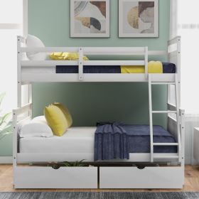 Twin over Full Bunk Bed with Ladder, Two Storage Drawers, Safety Guardrail (Color: White)