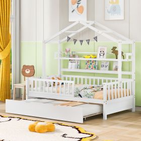 Wooden Twin Size House Bed with Trundle,Kids Bed with Shelf (Color: White)