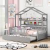 Wooden Twin Size House Bed with Trundle,Kids Bed with Shelf