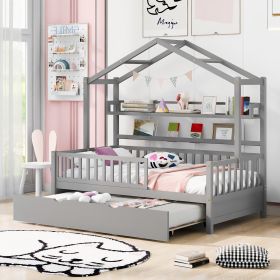 Wooden Twin Size House Bed with Trundle,Kids Bed with Shelf (Color: Gray)