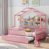 Wooden Twin Size House Bed with Trundle,Kids Bed with Shelf