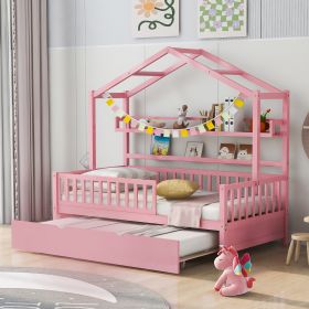 Wooden Twin Size House Bed with Trundle,Kids Bed with Shelf (Color: Pink)