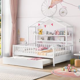 Wooden Full Size House Bed with Twin Size Trundle,Kids Bed with Shelf (Color: White)