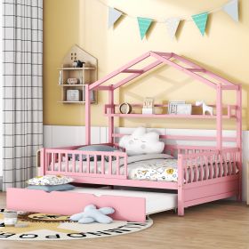 Wooden Full Size House Bed with Twin Size Trundle,Kids Bed with Shelf (Color: Pink)