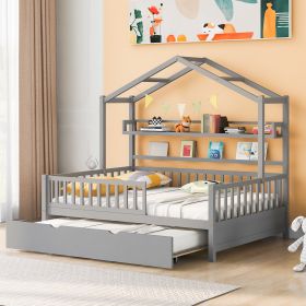 Wooden Full Size House Bed with Twin Size Trundle,Kids Bed with Shelf (Color: Gray)