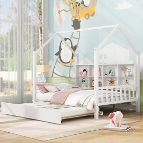 Wooden Full Size House Bed with Trundle,Kids Bed with Shelf (Color: White)