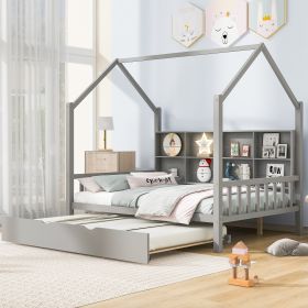 Wooden Full Size House Bed with Trundle,Kids Bed with Shelf (Color: Gray)