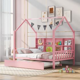 Wooden Full Size House Bed with Trundle,Kids Bed with Shelf (Color: Pink)