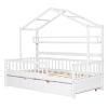 Wooden Twin Size House Bed with Trundle,Kids Bed with Shelf