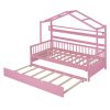 Wooden Twin Size House Bed with Trundle,Kids Bed with Shelf