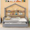 Wooden Full Size House Bed with Twin Size Trundle,Kids Bed with Shelf