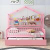 Wooden Twin Size House Bed with Trundle,Kids Bed with Shelf