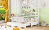 Wooden Twin Size House Bed with Trundle,Kids Bed with Shelf