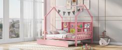 Wooden Full Size House Bed with Trundle,Kids Bed with Shelf