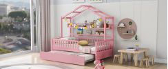 Wooden Twin Size House Bed with Trundle,Kids Bed with Shelf