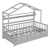 Wooden Twin Size House Bed with Trundle,Kids Bed with Shelf