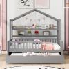Wooden Twin Size House Bed with Trundle,Kids Bed with Shelf