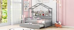 Wooden Twin Size House Bed with Trundle,Kids Bed with Shelf
